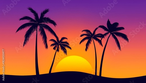 Sunset Silhouette of Palm Trees on Tropical Beach with Gradient Sky
