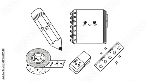 Delightful Kawaii School Supplies: Pencil, Notebook, Tape, Eraser, Ruler Bring a Touch of Joy to Your Projects, Designs, and Educational Materials Today