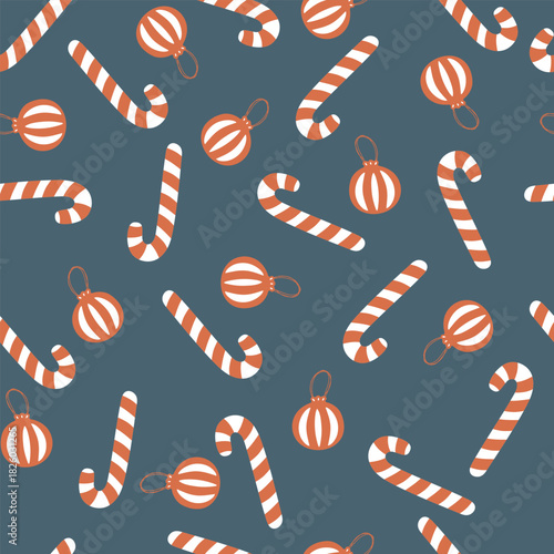 Hand drawn pattern with xmass candies and toys on blue background, monochrome pattern. Vector illustration for fabric, wrapping paper, holidays.