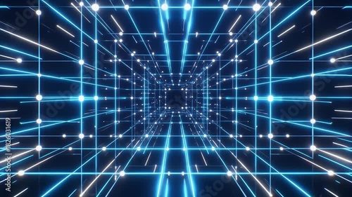 Abstract visualization of a futuristic data stream tunnel with glowing blue neon grid lines