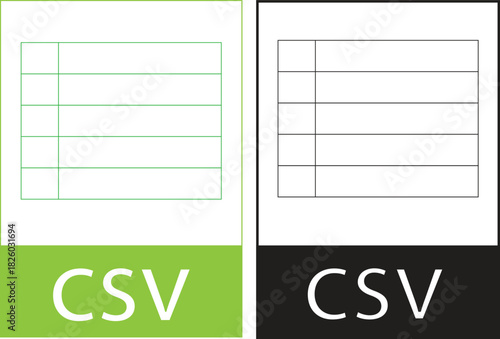 Two distinct icons representing CSV (Comma Separated Values) files, one with a green color scheme and the other with a dark grey and black theme, both featuring a simple data table grid.