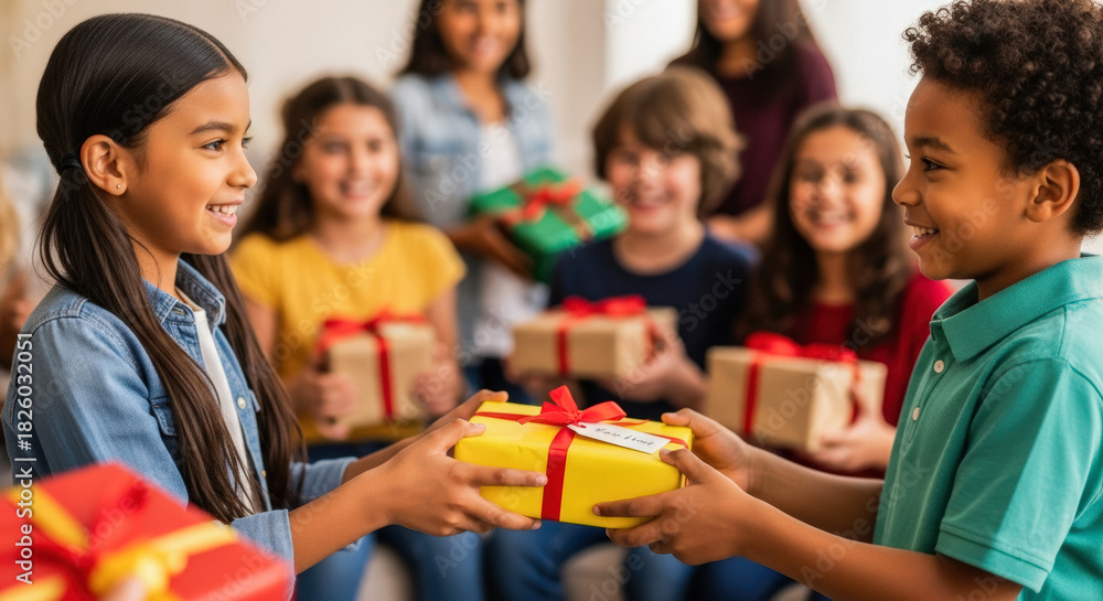 Fototapeta premium Diverse group of elementary school children exchanging gifts with smiles during a classroom holiday celebration.