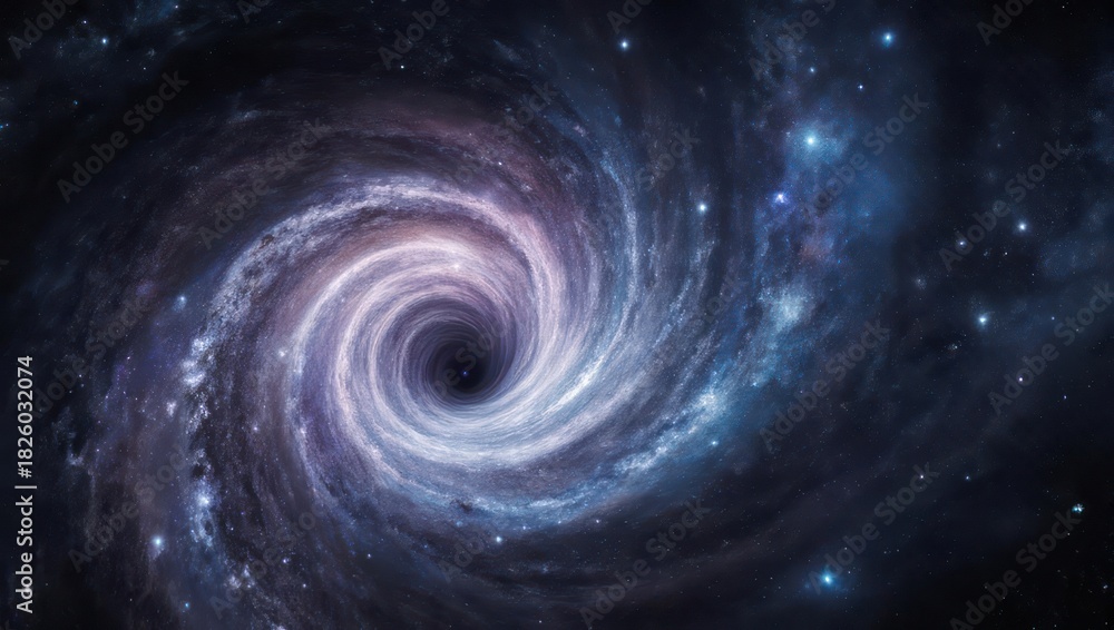 Fototapeta premium A swirling galaxy, dark central void, and myriad stars. Spiral arms of nebulae in hues of purple, blue, and white. Cosmic dust and light throughout