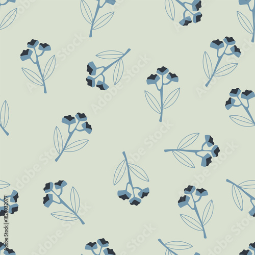 Hand drawn flowers in blue colors, seamless pattern. Vector floral illustration with elegance flowers.