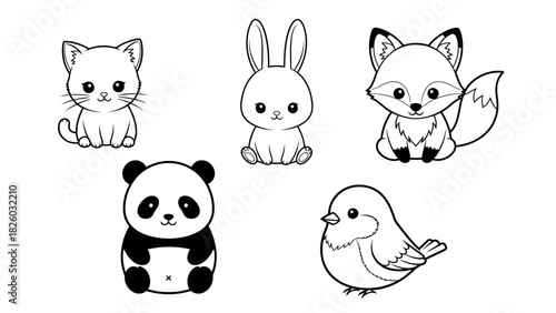 Adorable animal friends for children's books, nursery decor or playful designs featuring a cat, rabbit, fox, panda and bird in a cute cartoon style