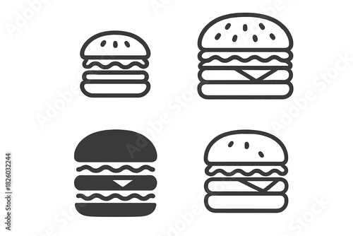 Stylized hamburger icons set featuring outline and filled versions for fast food menus