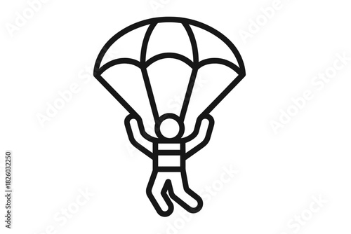 Minimalist line icon of a person descending with an open parachute during a skydiving activity