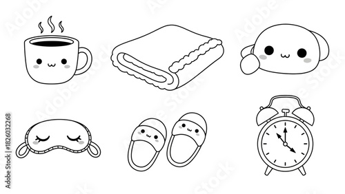 Wake up refreshed with cozy comfort: Kawaii alarm clock, steaming coffee, plush slippers, soft blanket, sleepy eye mask, and cute character, morning bliss