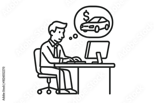 Businessman working on computer thinking about buying a new car and financing the purchase