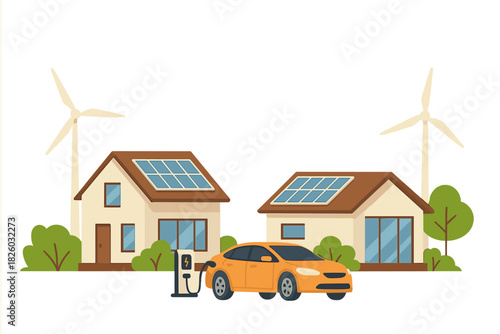 Electric car charging at home station powered by solar panels and wind turbines for green energy