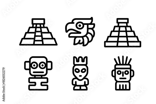 Ancient Mesoamerican Civilization Symbols and Icons Set Featuring Pyramids, Eagle Head, and Tribal Figures