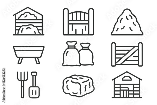 Essential farming and agriculture elements featuring barn, gate, hay, and tools