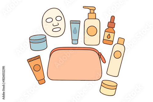 Essential beauty products set with creams, lotions, serum, sheet mask, and cosmetic pouch