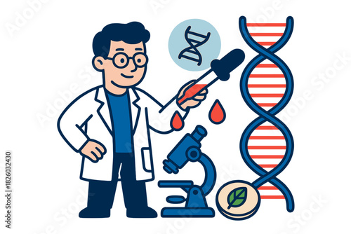 Scientist conducting biological research in a lab with DNA, microscope, and pipette