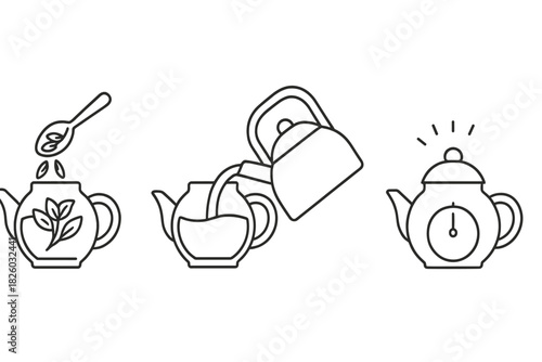 Sequential icons illustrating the preparation steps for making hot tea beverage
