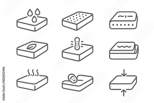 Symbols for mattress features including waterproof, breathable, memory foam, temperature control, and compression