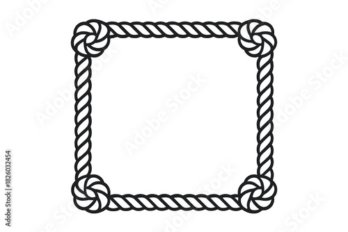 Nautical rope border frame with decorative knots in the corners on a white background