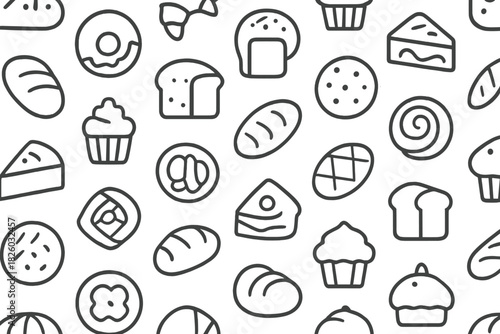 Seamless repeating pattern of delicious baked goods and sweet pastry icons for food background