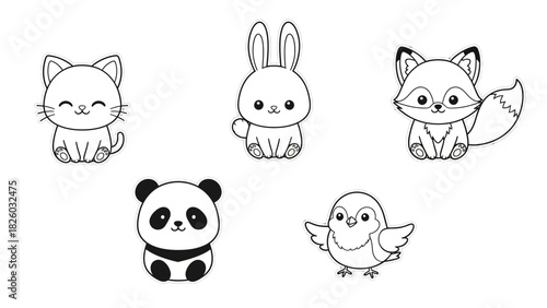 Adorable animal character set, perfect for children's books, invitations, and educational materials, featuring a cat, rabbit, fox, panda, and bird