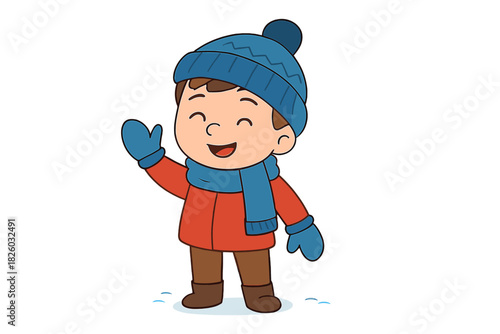 Cheerful boy wearing warm winter coat, blue hat, scarf, and mittens waving hand