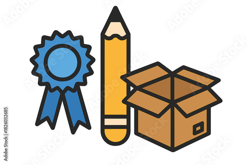 Award ribbon, drawing pencil, and open shipping box representing creative delivery services
