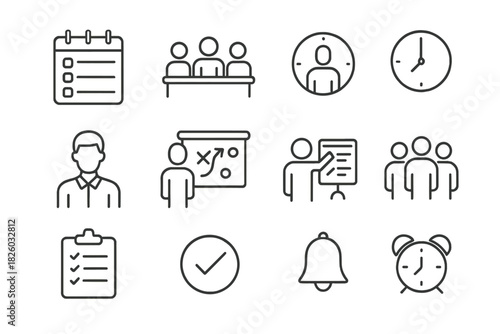 Outline symbols for business management, planning, meetings, scheduling, and productivity applications