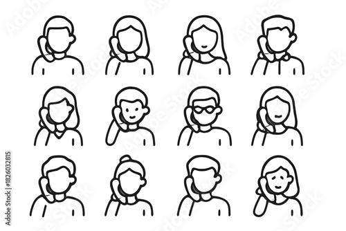 Diverse people icons talking on phone representing communication, customer service, and contact centers