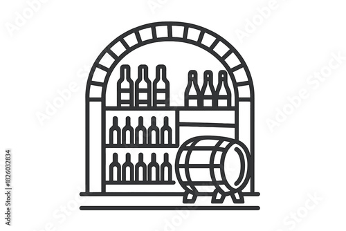 Archway entrance to a wine cellar showing stacked bottles and a wooden aging barrel