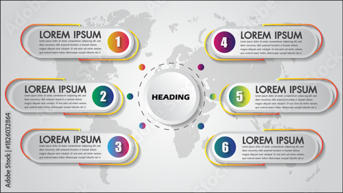 Global Infographic With Six Highlighted Steps And Central Heading On World Map