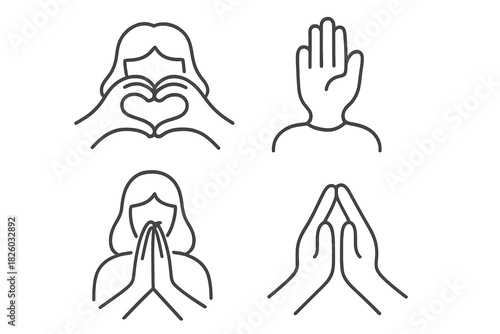 Various hand gestures including heart shape, raised open palm, and hands clasped in prayer