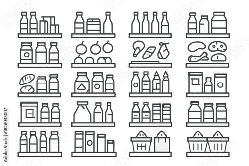 Outline drawings of various food products and groceries displayed on retail shelves
