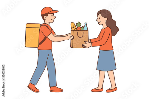 Online grocery order delivery service: Courier hands shopping bag to client