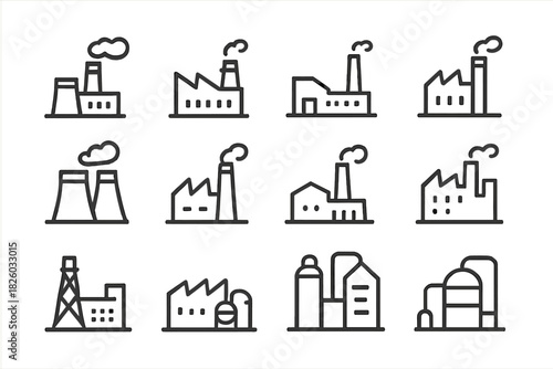 Industrial factory buildings and power plant icons with smokestacks emitting pollution