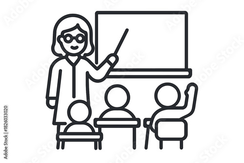 Female teacher instructing students in a classroom setting with a student raising a hand