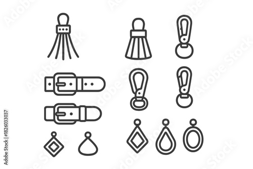 Fashion accessory hardware components including belts, tassels, carabiner clips, and jewelry findings
