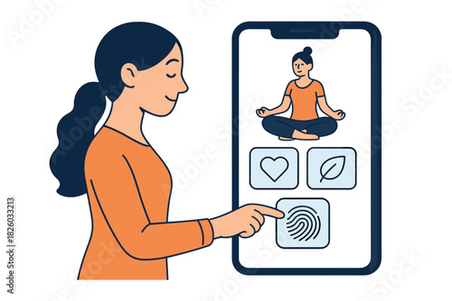 Woman using biometric fingerprint ID to access digital health and meditation app