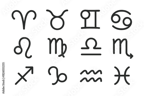 Twelve simple outline icons of astrological zodiac constellations and horoscope signs