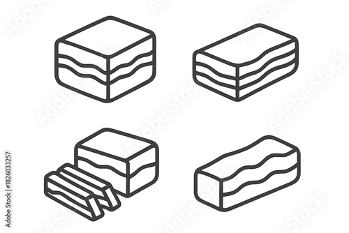 Isometric outline icons of raw meat blocks, including bacon and lard, with one piece sliced