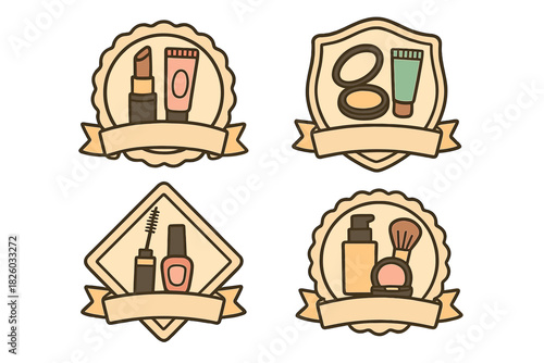 Retro style cosmetic emblems set with ribbons featuring foundation blush and eye makeup