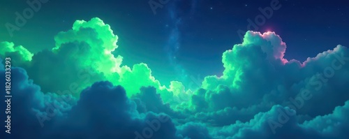 Intensely glowing neon green and blue clouds, low perspective , light, glow, amazing