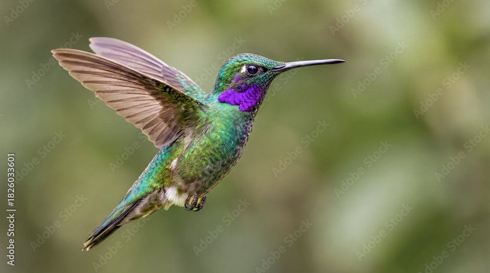 Obraz premium Close up of a colorful hummingbird hovering in flight with iridescent green body and purple throat against a blurred nature background