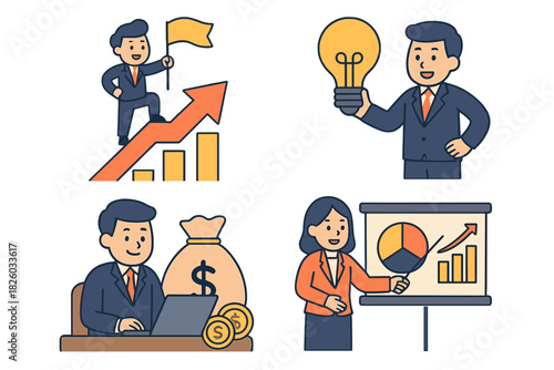 People achieving business goals, generating ideas, managing finance, and showing growth