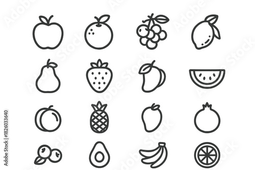 Set of sixteen essential fruit symbols including strawberry, lemon, mango, and pineapple in a clean outline style
