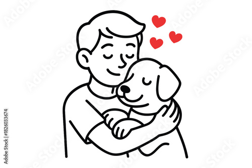 Joyful owner hugging a happy dog with closed eyes, symbolizing love and companionship between human and pet