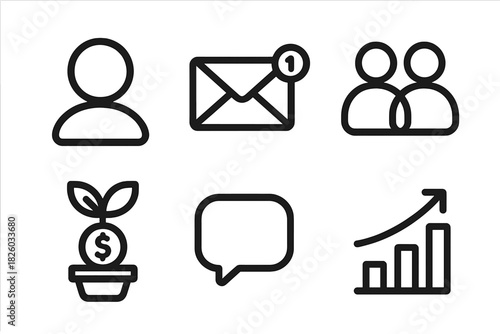 Modern essential icons representing business communication and financial growth concepts