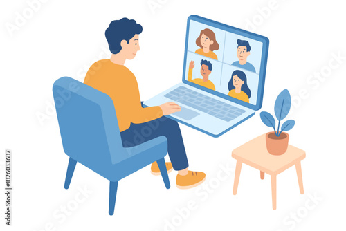 Young man participating in a virtual business meeting on a laptop from home