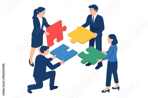 Business team assembling colorful jigsaw puzzle pieces for strategy and solution