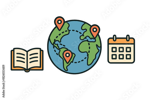 Global travel planning and education concept featuring book, world map, and calendar icons
