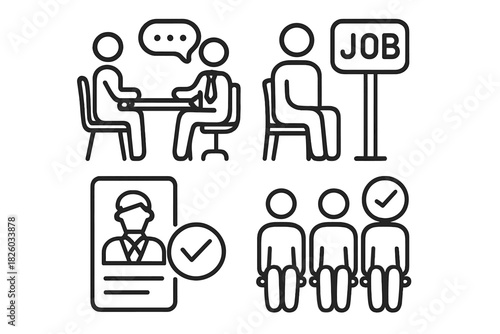 Collection of linear icons representing job search, candidate selection, and professional recruitment procedures