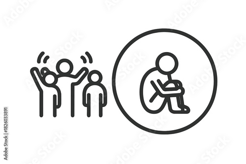 Isolated person curled up while others shout symbolizing social exclusion and bullying